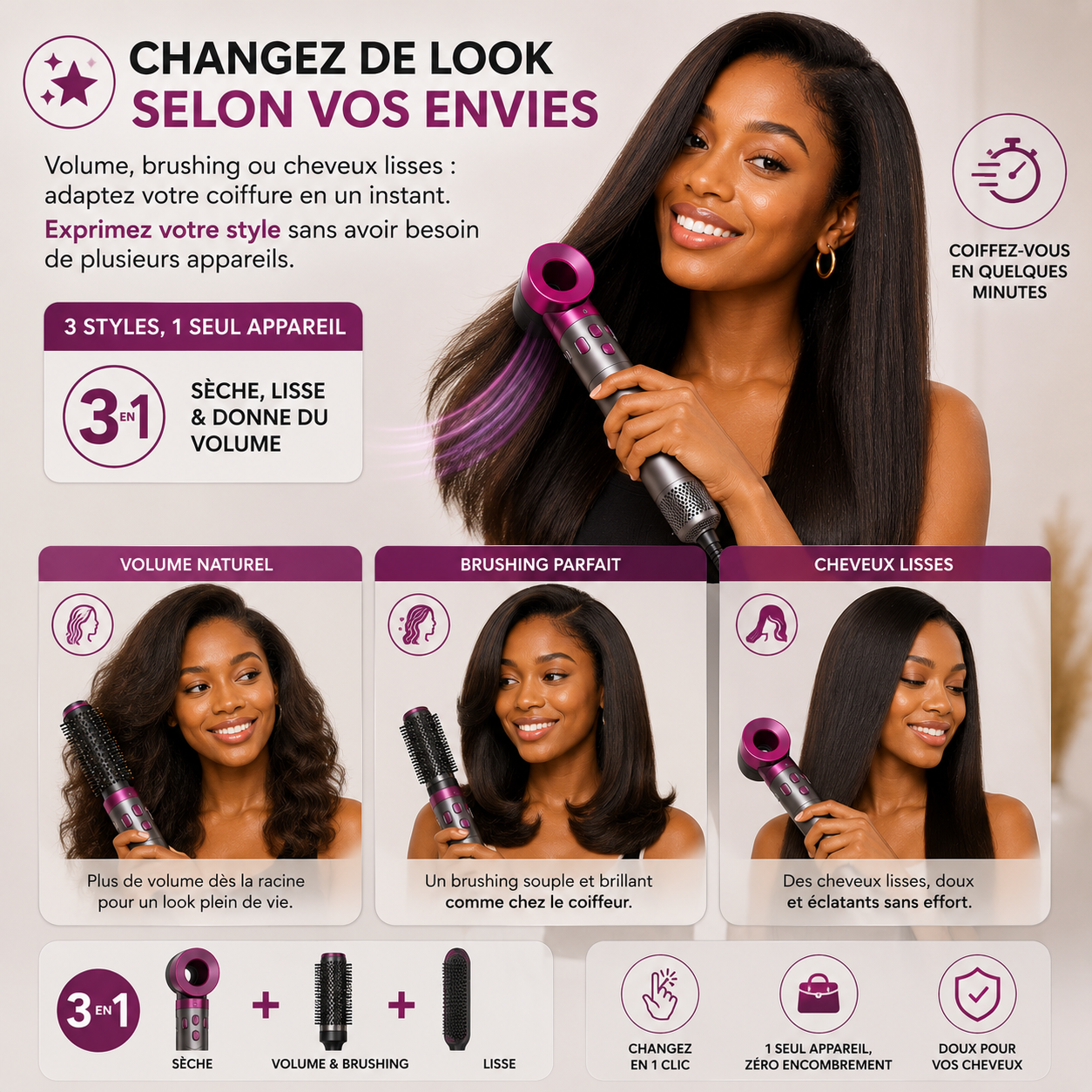 Brosse Soufflante Multifonction 3-en-1