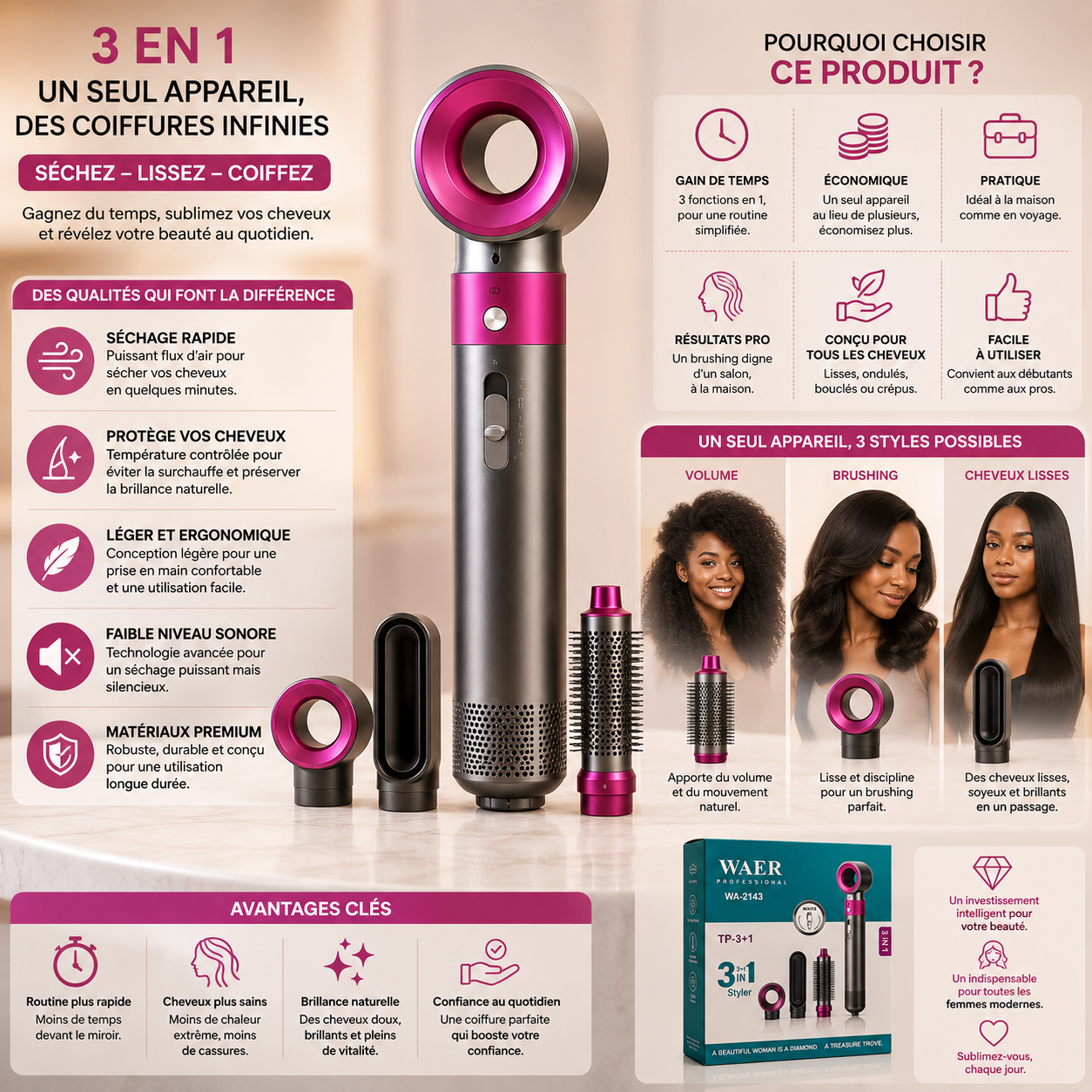 Brosse Soufflante Multifonction 3-en-1